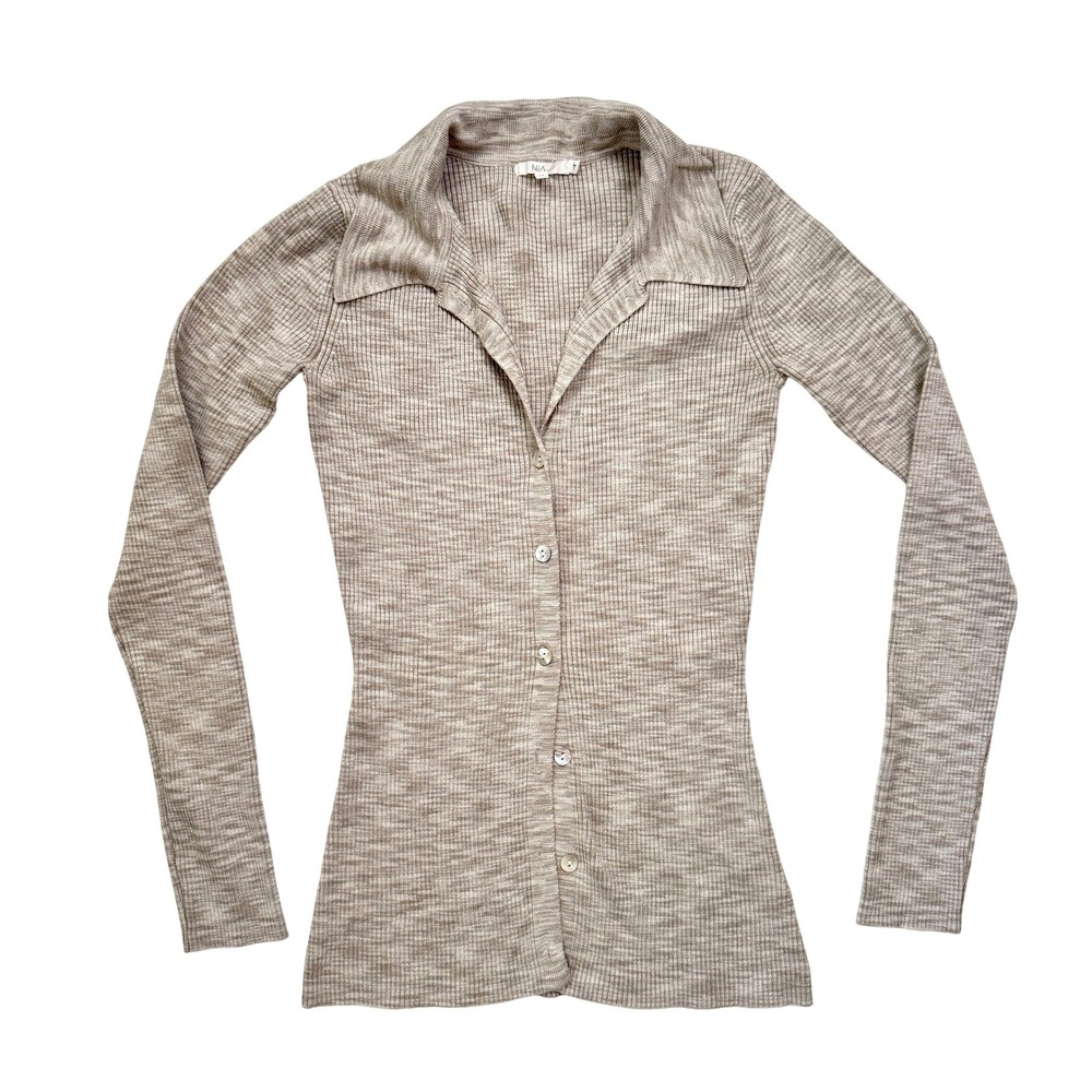 NIA Willow Ribbed Knit Cardigan Women Tan Blonde Polo Collar Button‎ Front M